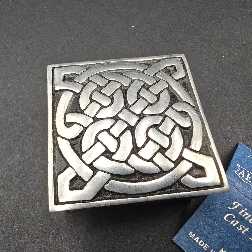 A.E. Williams Celtic Knot Pewter Trinket Box Blue Velvet Lining Made in England